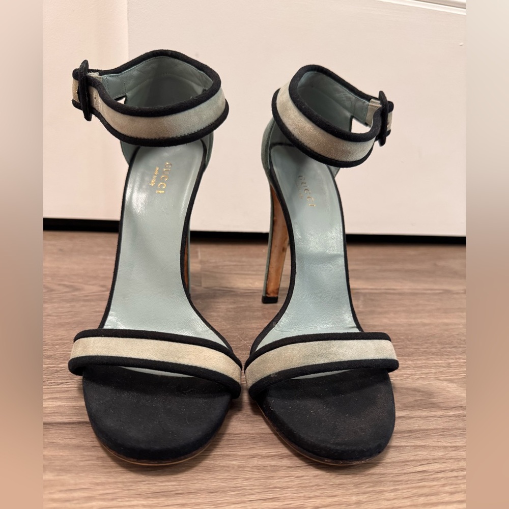 Gucci Suede Dempsey Contrast Ankle Strap Sandals -Black & Blue/Green Heels 39.5